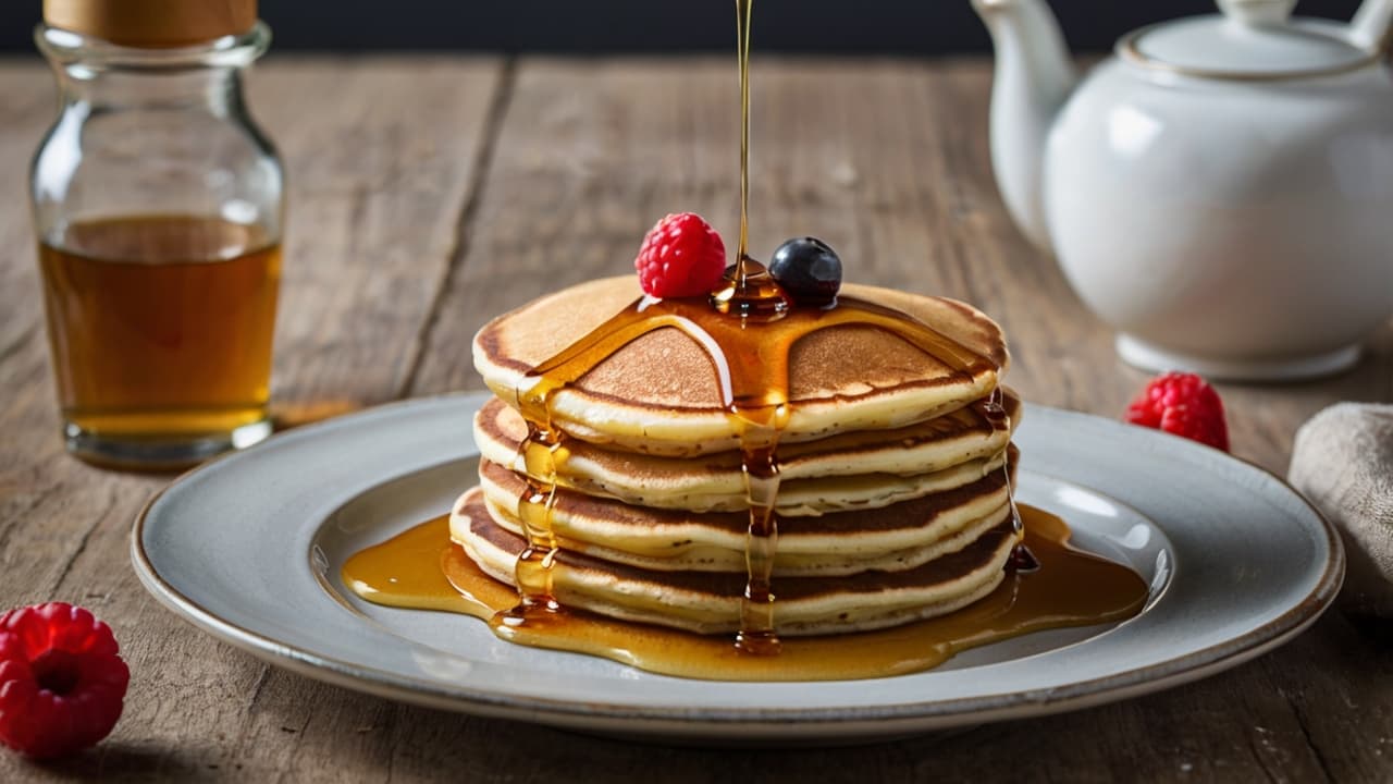 American Pancakes mit Ahornsirup und Beeren