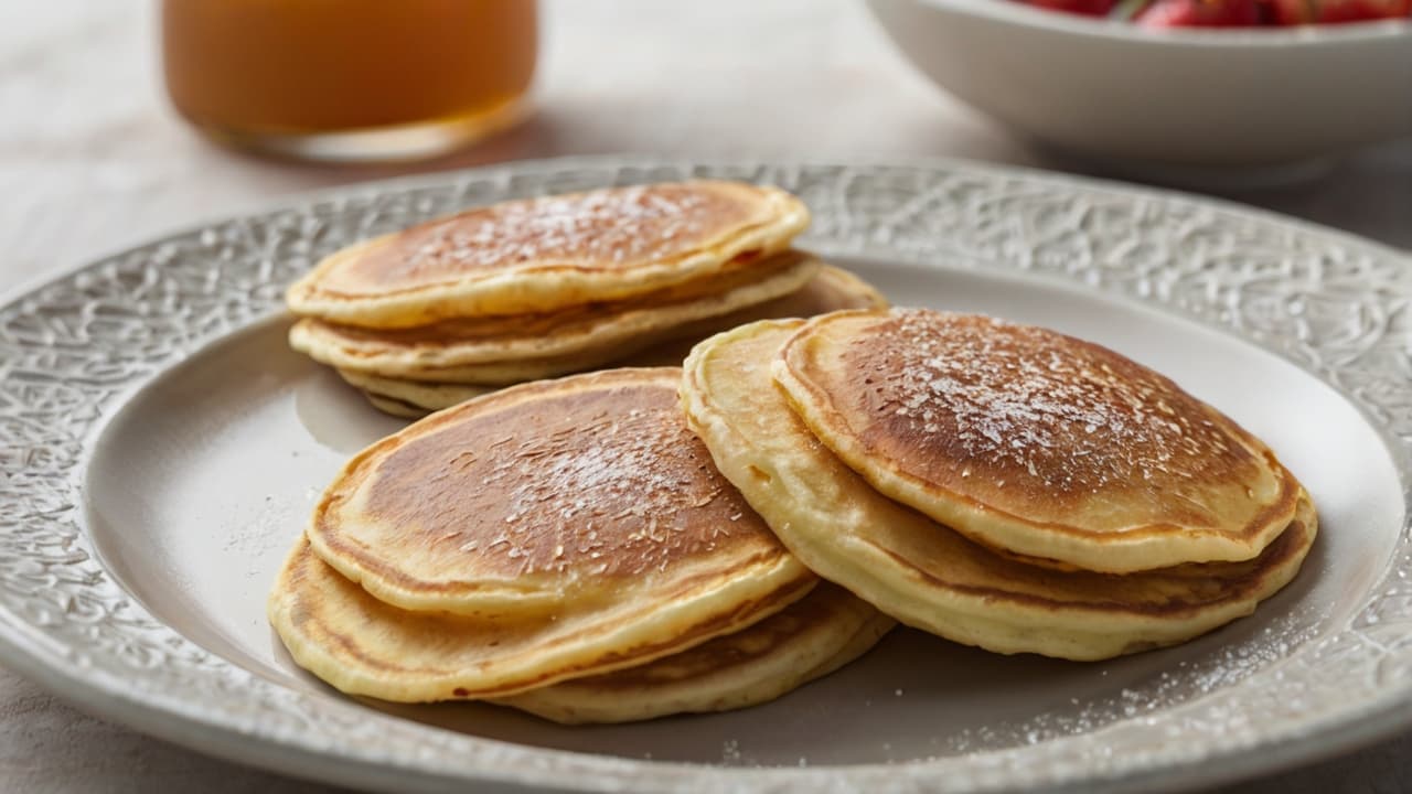 Mehrere Australische Pikelets auf einem weißen Teller mit etwas Puderzucker